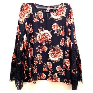 Navy Blue Floral Blouse (lace long sleeve)